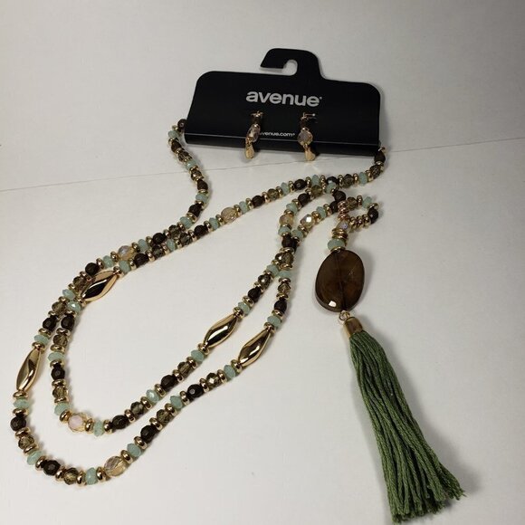 AVENUE Gold-tone Colorful Beads Tassel Necklace with Matching Earrings - 50+3.5" - Picture 3 of 11